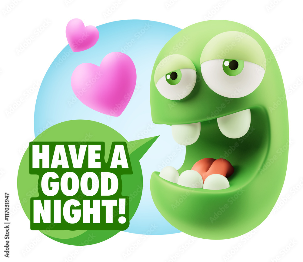 3d Rendering. Emoticon Face in Love saying Have A Good Night wit