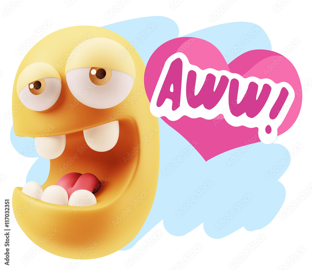 3d Rendering. Emoticon Face in Love saying Awww with Colorful Sp