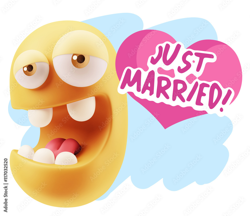 3d Rendering. Emoticon Face in Love saying Just Married with Col 3d Rendering. Emoticon Face in Love saying Just Married with Col