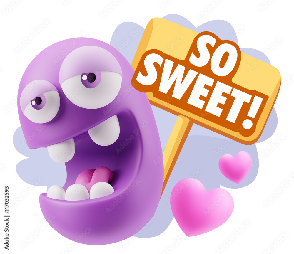 3d Rendering. Emoticon Face in Love saying So Sweet with Colorfu