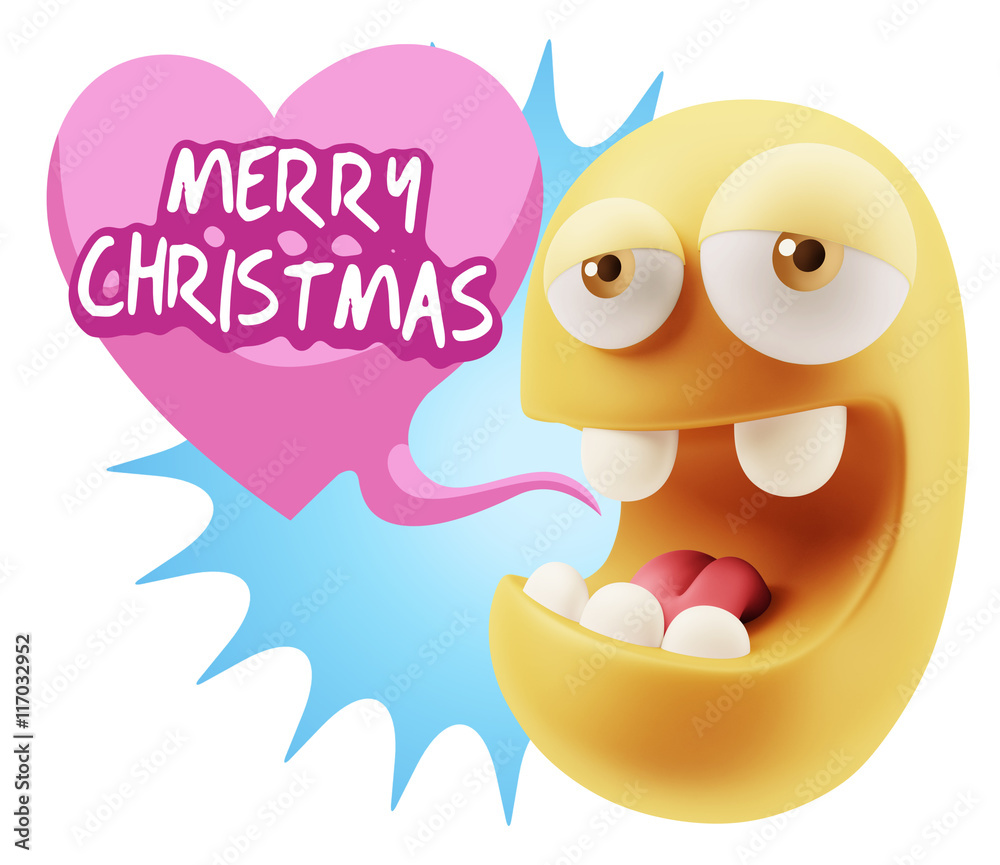 3d Rendering. Emoticon Face in Love saying Merry Christmas with