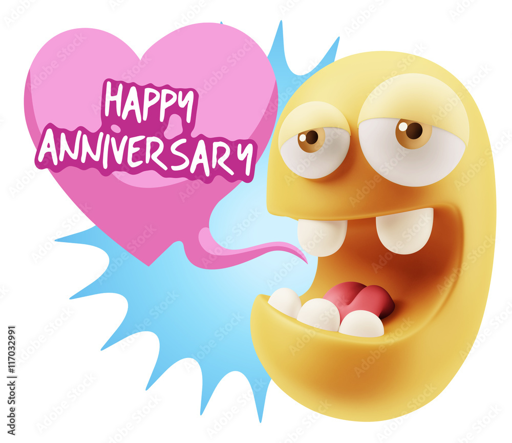 3d Rendering. Emoticon Face in Love saying Happy Anniversary wit