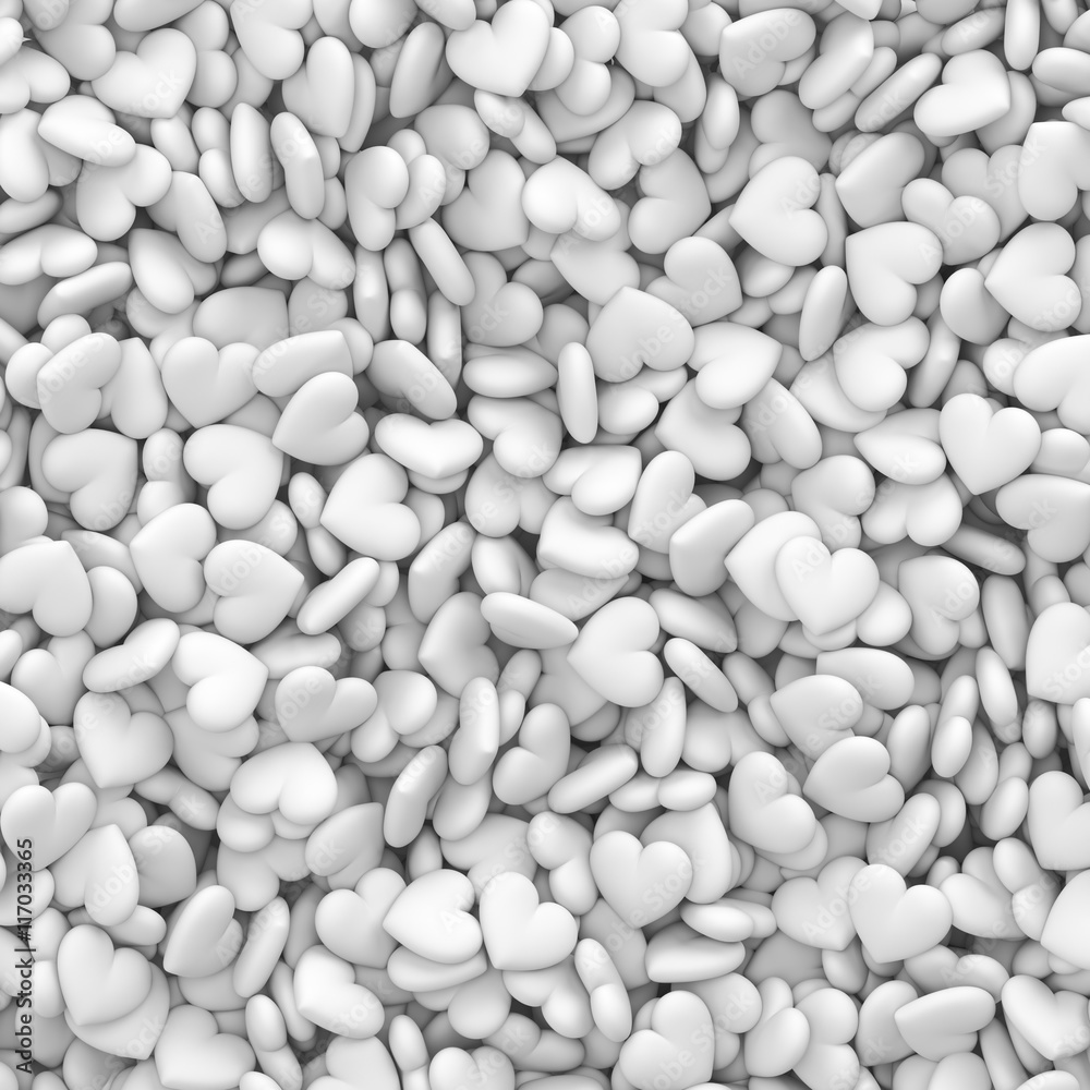 Backdrop 3d rendering hearts pattern. White volumetric randomly scattered figures Backdrop 3d rendering hearts pattern. White volumetric randomly scattered figures