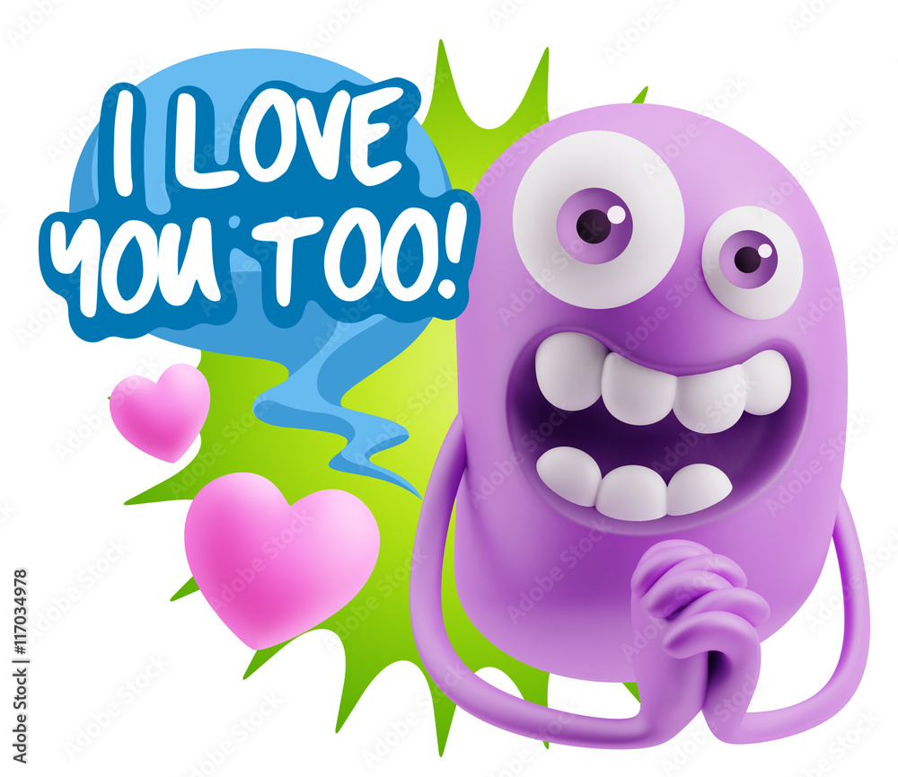 3d Rendering. Love Emoticon Face saying I Love You Too with Colo 3d Rendering. Love Emoticon Face saying I Love You Too with Colo