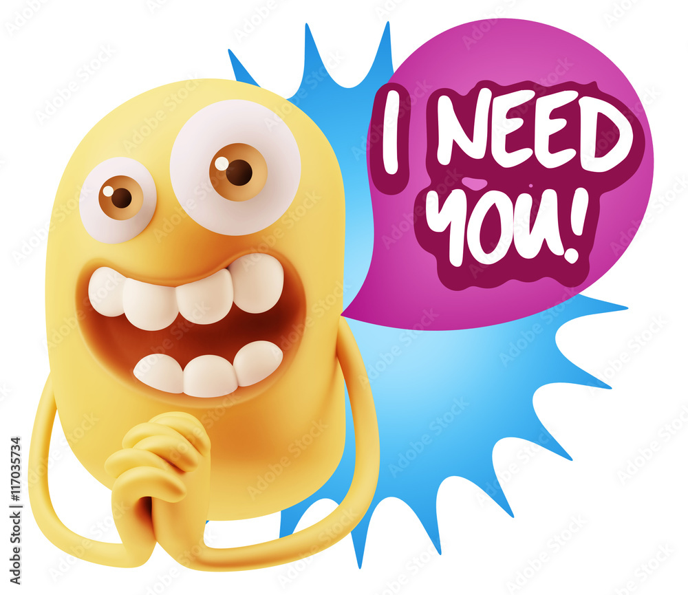 3d Rendering. Love Emoticon Face saying I Need You with Colorful 3d Rendering. Love Emoticon Face saying I Need You with Colorful