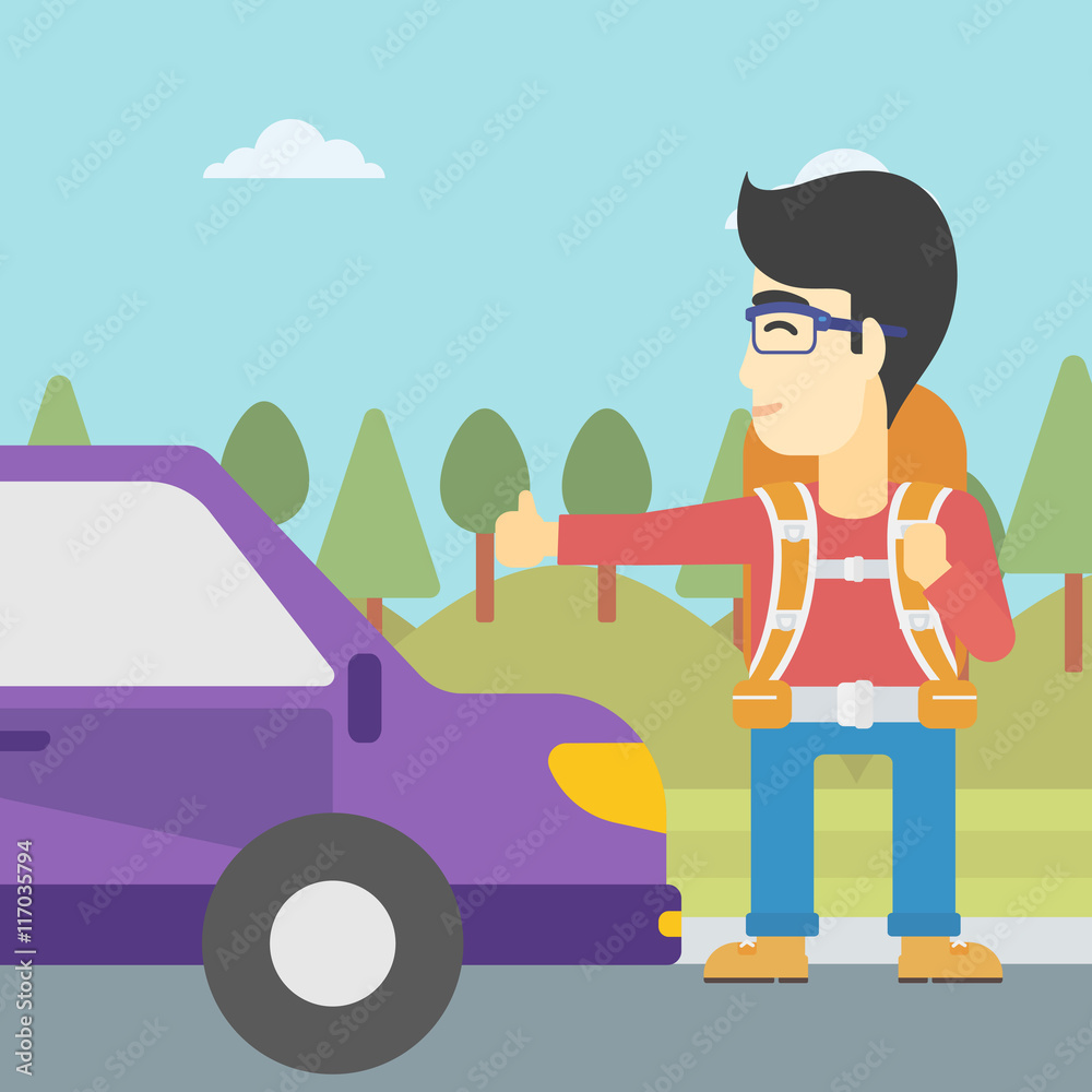 Fototapeta premium Young man hitchhiking vector illustration.