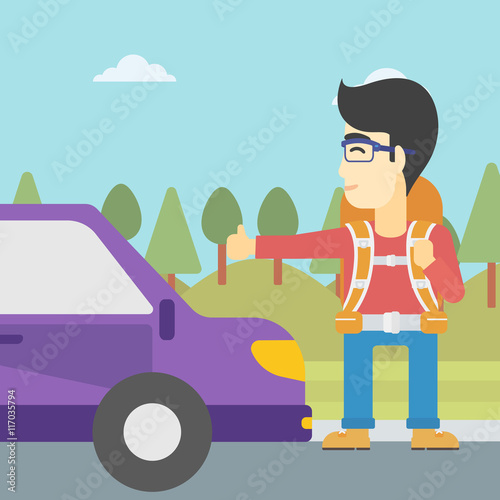 Young man hitchhiking vector illustration.