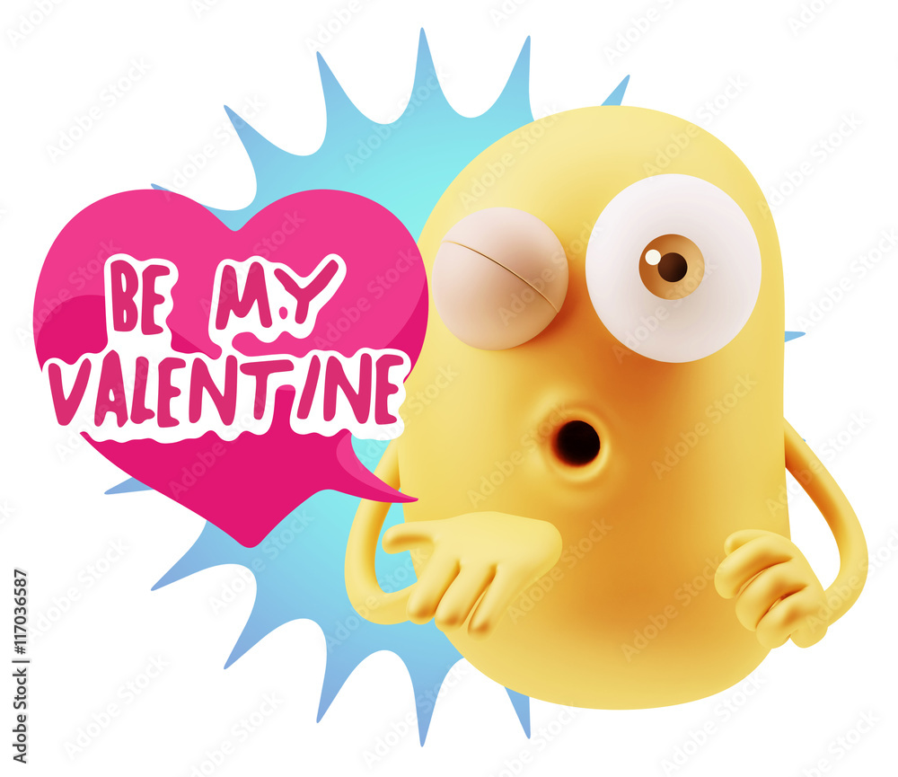 Obraz premium 3d Rendering. Love Emoticon Face Blowing a Kiss saying Be My Val