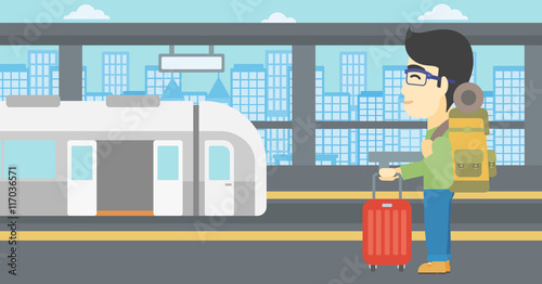 Man at the train station vector illustration.