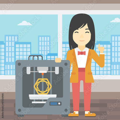 Woman with three D printer vector illustration.