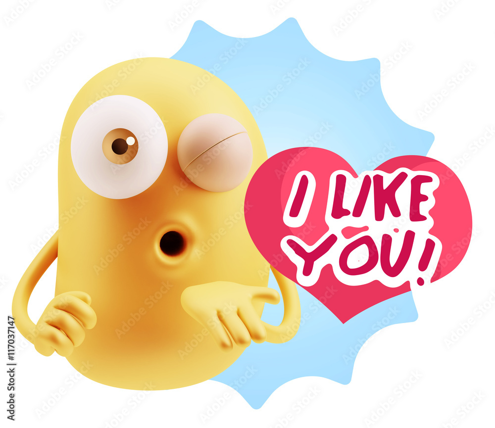 3d Rendering. Love Emoticon Face Blowing a Kiss saying I Like Yo 3d Rendering. Love Emoticon Face Blowing a Kiss saying I Like Yo