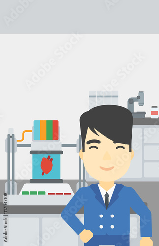 Man with three D printer vector illustration.