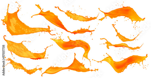 Collection set of orange color splashes isolated on white background / Sammlung Set orangener Farbspritzer isoliert 
