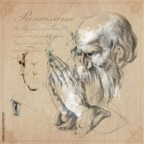 Hand drawn illustrations.Old bearded man.Praying hands.Pencil technique converted into vector. Hand drawn illustrations. Freehand. Pencil sketches. Hands by Albrecht Durer personal, author own copy.