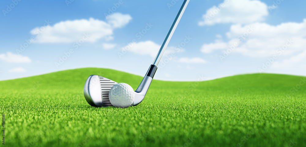Obraz premium Golfball mit Schläger vor blauem Himmel