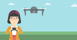 Woman flying drone vector illustration.