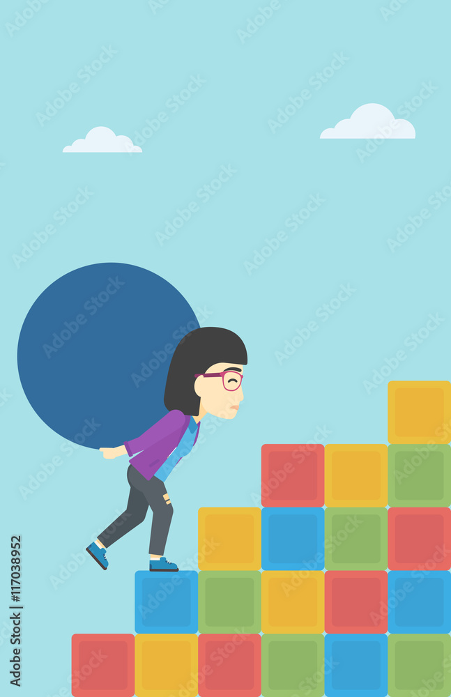 Woman carrying concrete ball uphill. Woman carrying concrete ball uphill.