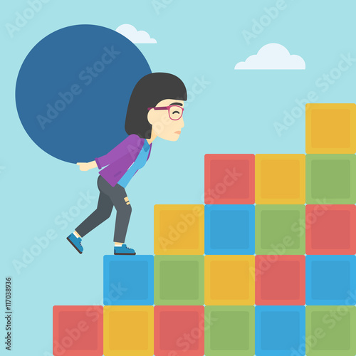 Woman carrying concrete ball uphill.