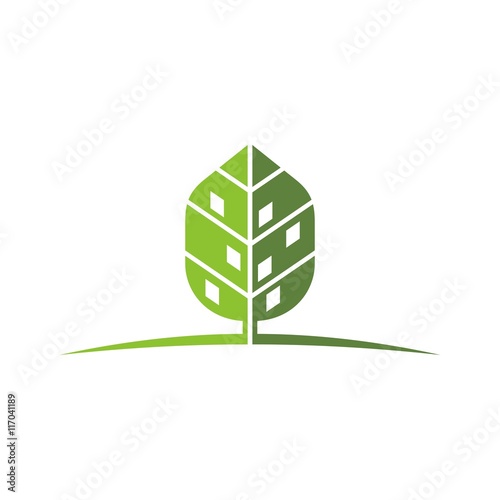 Tree house logo template. Vector illustration of organic building from leaves