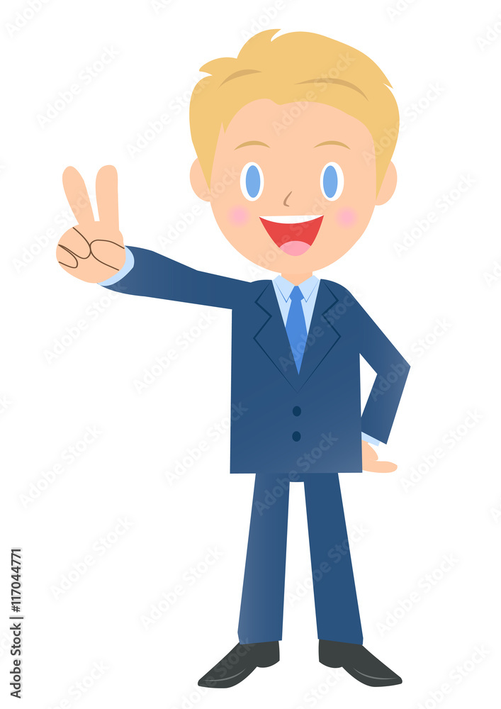 ピースサインのビジネスマン、男性会社員のイラスト素材、三頭身 ピースサインのビジネスマン、男性会社員のイラスト素材、三頭身