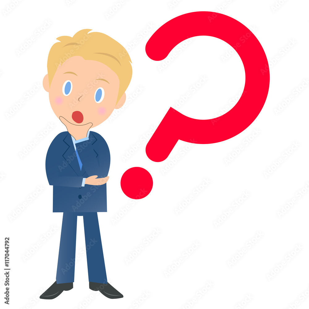 はてなマークのビジネスマン、男性会社員のイラスト素材、三頭身 はてなマークのビジネスマン、男性会社員のイラスト素材、三頭身