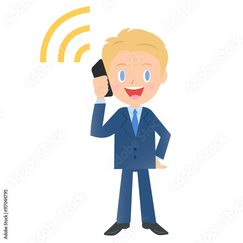 携帯電話で通話するビジネスマン、男性会社員のイラスト素材、三頭身