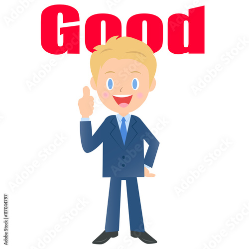 Goodを示すビジネスマン、男性会社員のイラスト素材、三頭身