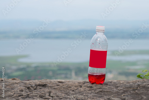 Bottle of soda on the rocks.