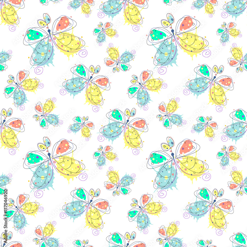 Vector seamless pattern with insect. Drawn decorative endless background with butterfly. Graphic illustration.