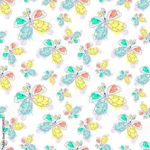 Vector seamless pattern with insect. Drawn decorative endless background with butterfly. Graphic illustration.