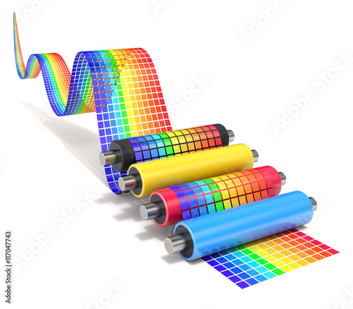 CMYK set of printer rollers with wavy color chart