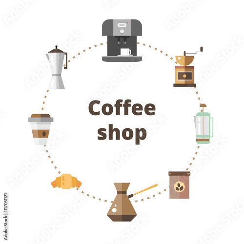 Set of icons coffee devices in flat style - vector illustration. Set for coffee shop.