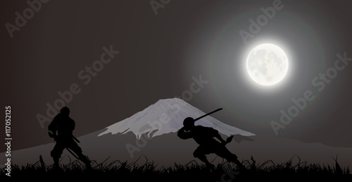 Japanese assassin, ninja, fighting, Fujiyama 