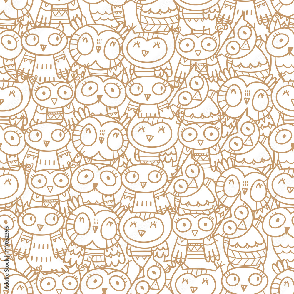 Seamless pattern with various species of cute cartoon owls on  white background.  Little funny birds. Children's illustration.