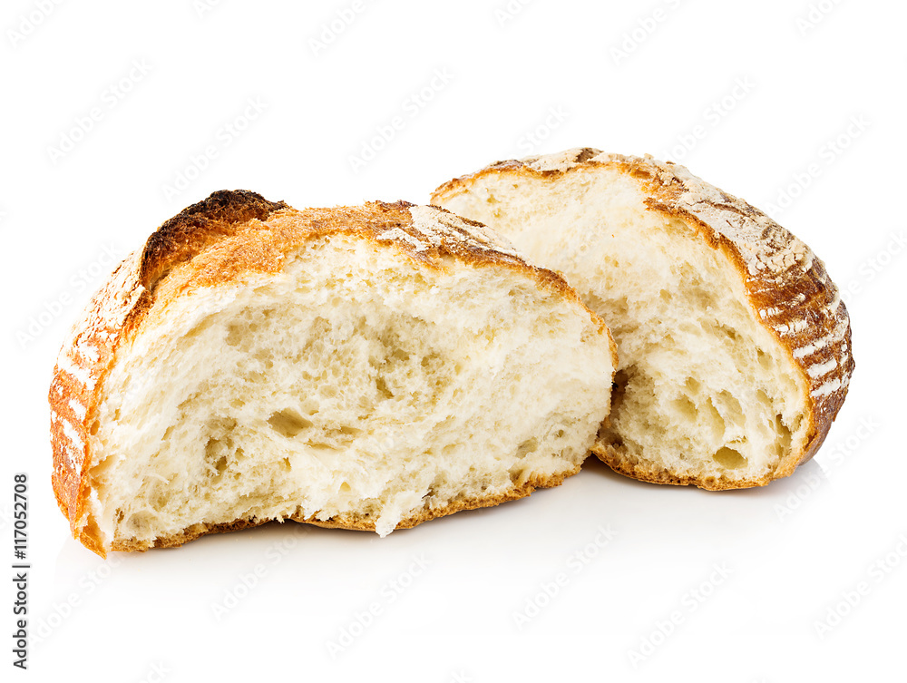 Fresh grain homemade bread cut in half on white background.