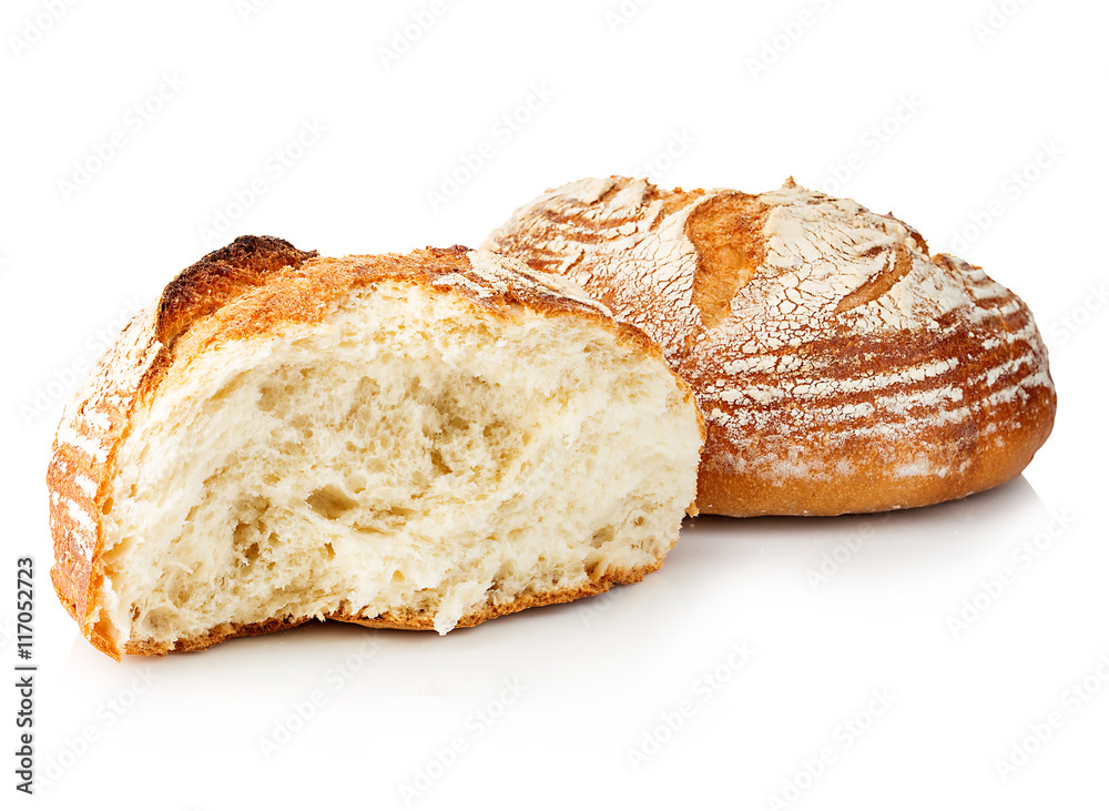 Fresh grain homemade bread cut in half on white background.