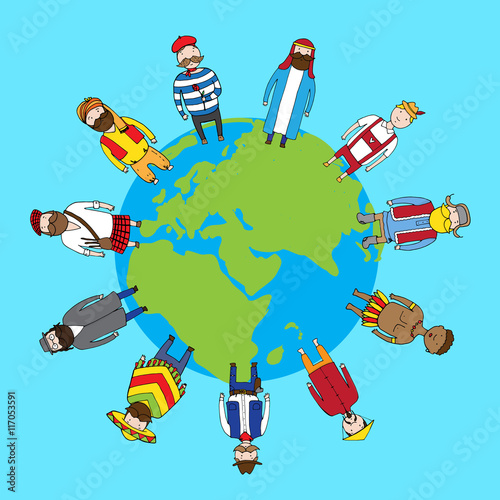 Different nationality people standing on the earth in peace