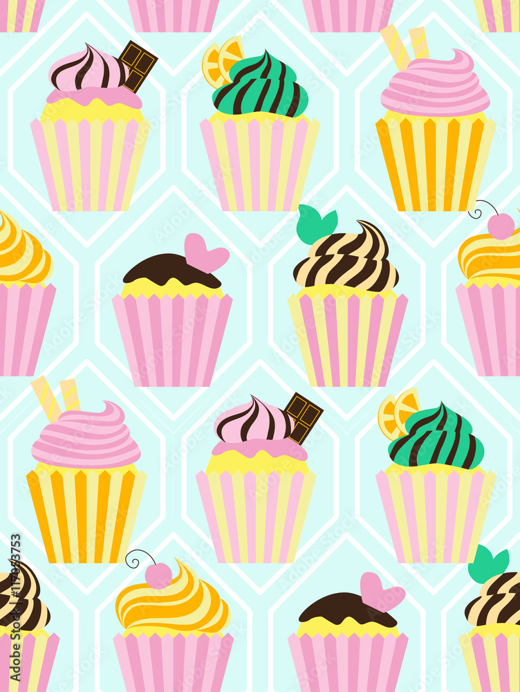 Seamless pattern with different sweet cupcakes