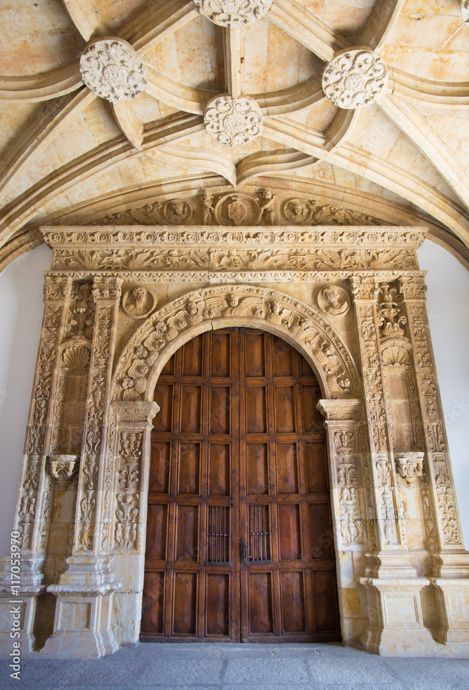 SALAMANCA, SPAIN, APRIL - 17, 2016:  The renaissance portal in the atrium of Colegio Arzobispo Fonseca.