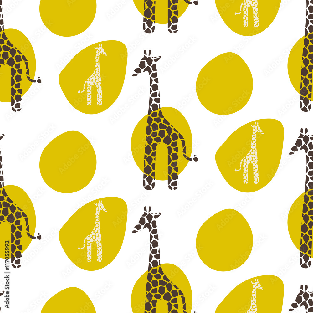 Obraz Giraffe vector seamless pattern. Giraffe brown and white texture stains. Safari wild animal background with green spots for baby kid apparel.