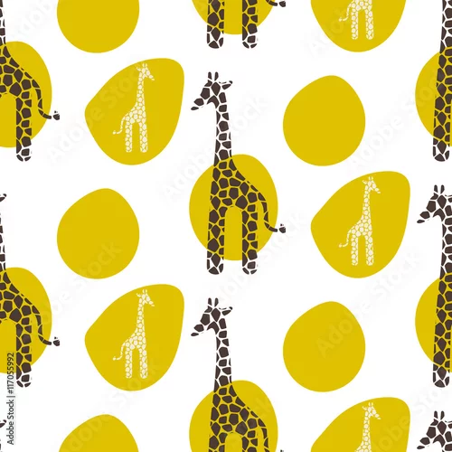 Obraz Żyrafa wektor wzór. Żyrafa brązowo-białe plamy tekstury. Safari dzikich zwierząt w tle z zielonymi plamami na ubrania dla dzieci.