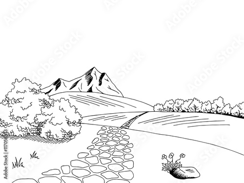 Old road graphic art black white landscape sketch illustration vector