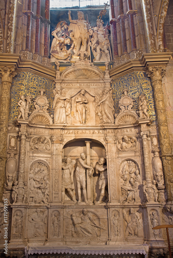 AVILA, SPAIN, APRIL - 18, 2016: The marble sculpture of Flagellation of Christ in sacristy of Catedral de Cristo Salvador on the altar by Isidro de Villoldo, Juan Frias and Pedro de Salamanca (1555).