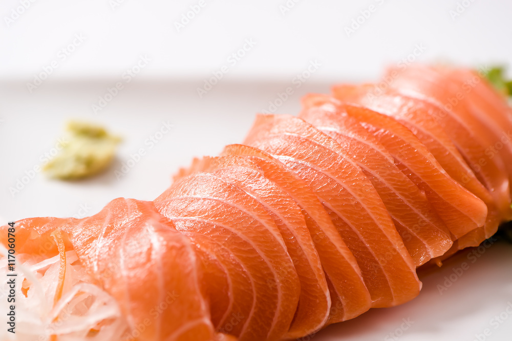 Salmon Sashimi in plate on white background
