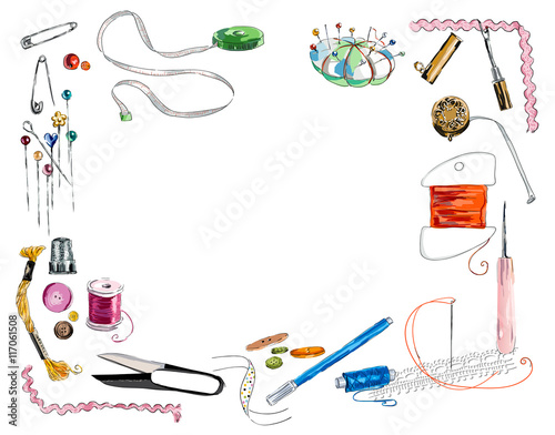 Sewing related elements on white textured background. Frame from sewing tools and colored tape. Sewing kit. Scissors, bobbins with thread and needles. Threads & tools for embroidery. 