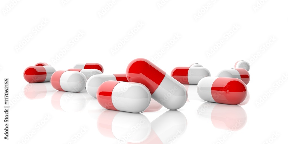 Pills spilled on white background. 3d illustration Pills spilled on white background. 3d illustration