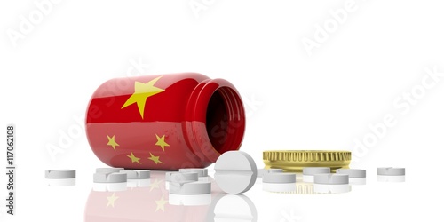 Photography Pills out of bottle with China flag. 3d illustration