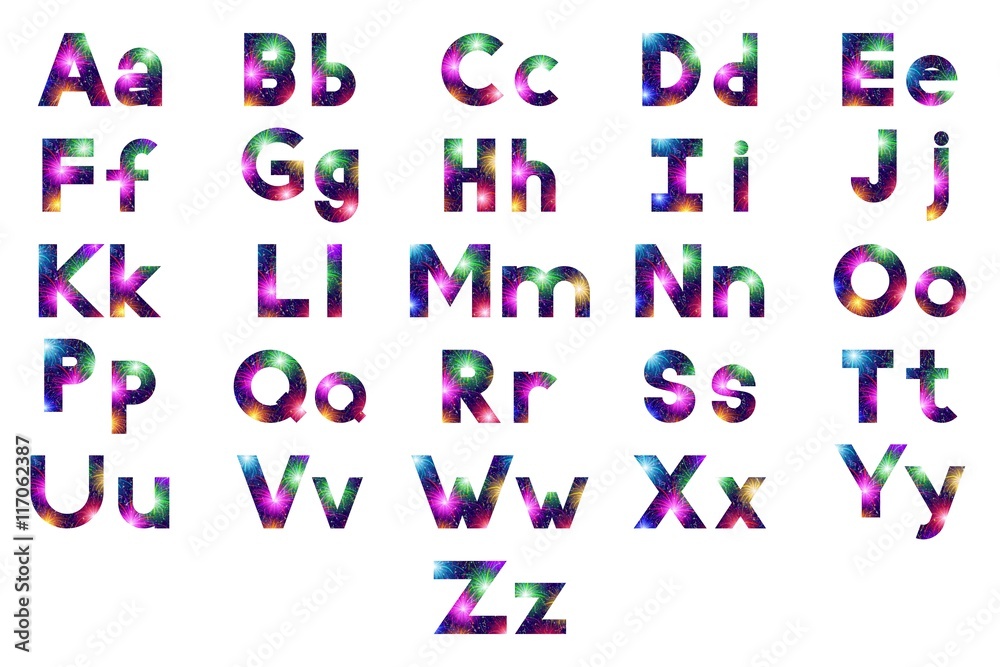Alphabet, Set of English Letters Signs Uppercase and Lowercase, Stylized Colorful Holiday Firework with Stars and Flares