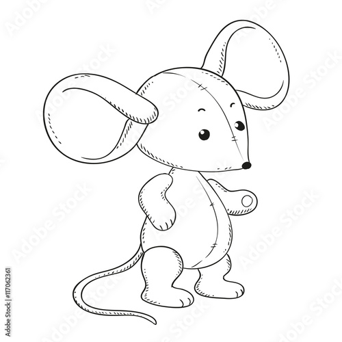 Plush mouse for coloring book. Vector isolated