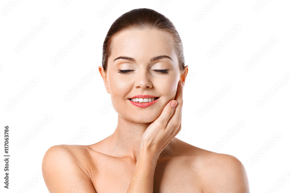 Portrait of beautiful girl, isolated on white. Spa concept Portrait of beautiful girl, isolated on white. Spa concept